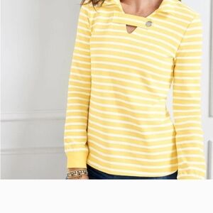 Talbots Striped Collared Split Neck Long Sleeve Top with Silver Button Detail